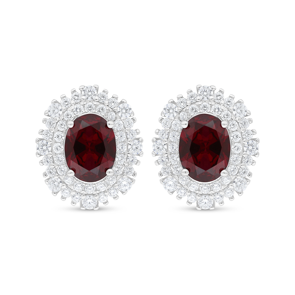 Sterling Silver 925 Earring Rhodium Plated Embedded With Ruby Corundum And White Zircon