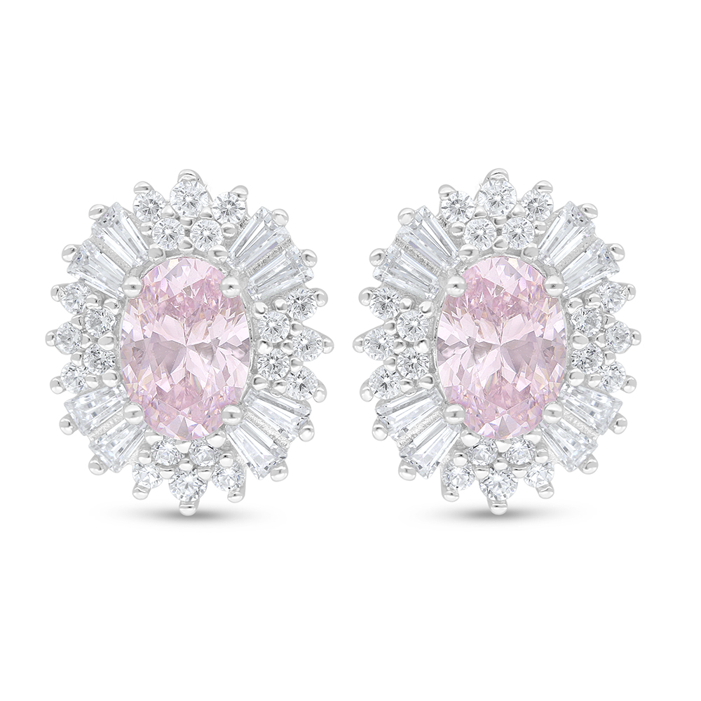 Sterling Silver 925 Earring Rhodium Plated Embedded With Pink Zircon And White Zircon