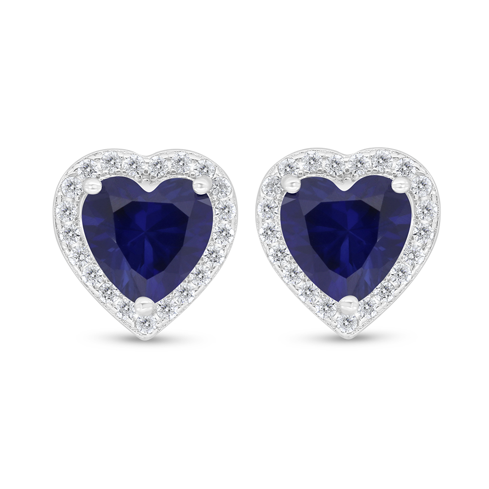 Sterling Silver 925 Earring Rhodium Plated Embedded With Sapphire Corundum And White Zircon