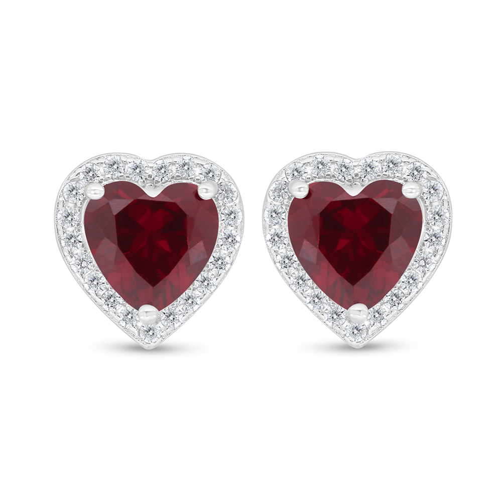 Sterling Silver 925 Earring Rhodium Plated Embedded With Ruby Corundum And White Zircon