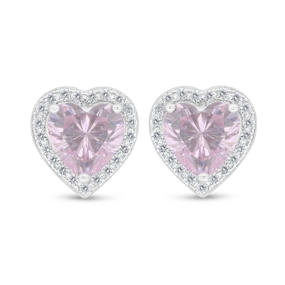 Sterling Silver 925 Earring Rhodium Plated Embedded With Pink Zircon And White Zircon