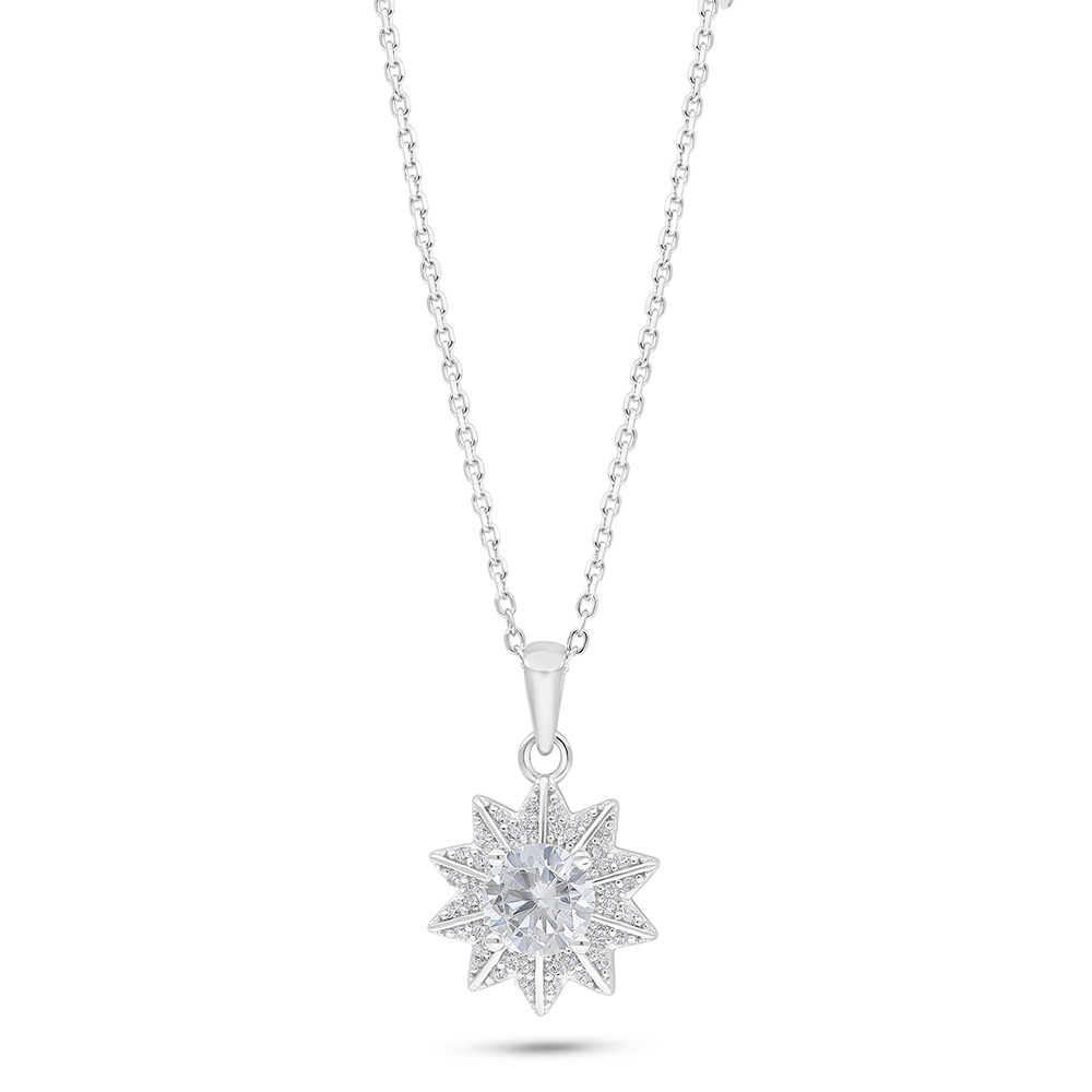 Sterling Silver 925 Necklace Rhodium Plated Embedded With White Zircon