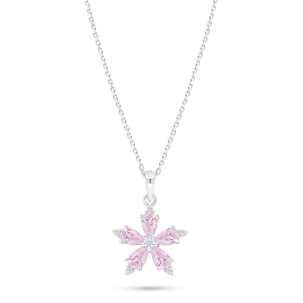 Sterling Silver 925 Necklace Rhodium Plated Embedded With Pink Zircon And White Zircon