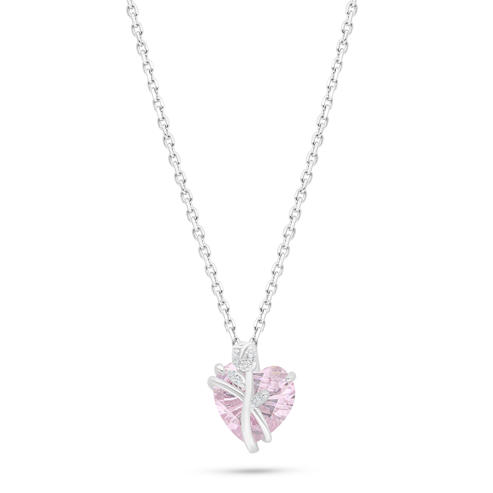Sterling Silver 925 Necklace Rhodium Plated Embedded With Pink Zircon And White Zircon