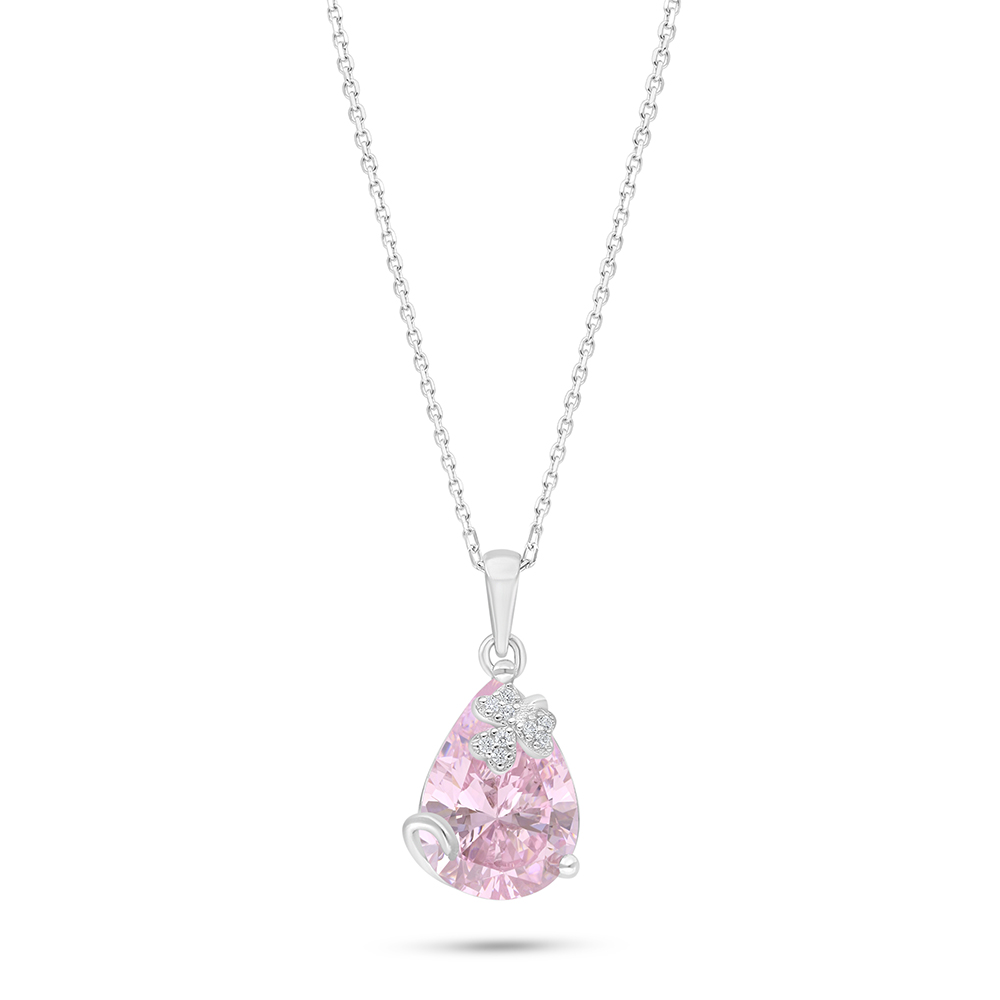 Sterling Silver 925 Necklace Rhodium Plated Embedded With Pink Zircon And White Zircon