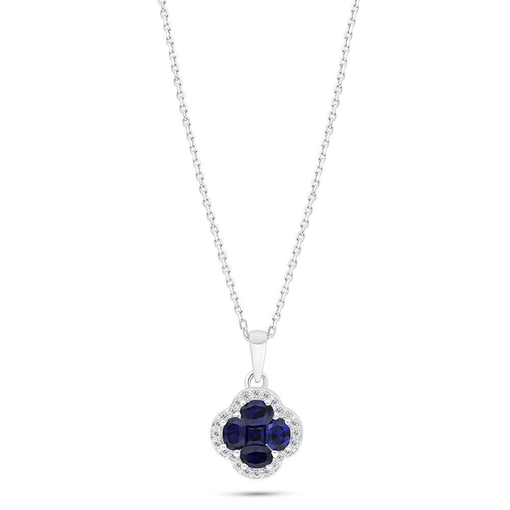 Sterling Silver 925 Necklace Rhodium Plated Embedded With Sapphire Corundum And White Zircon