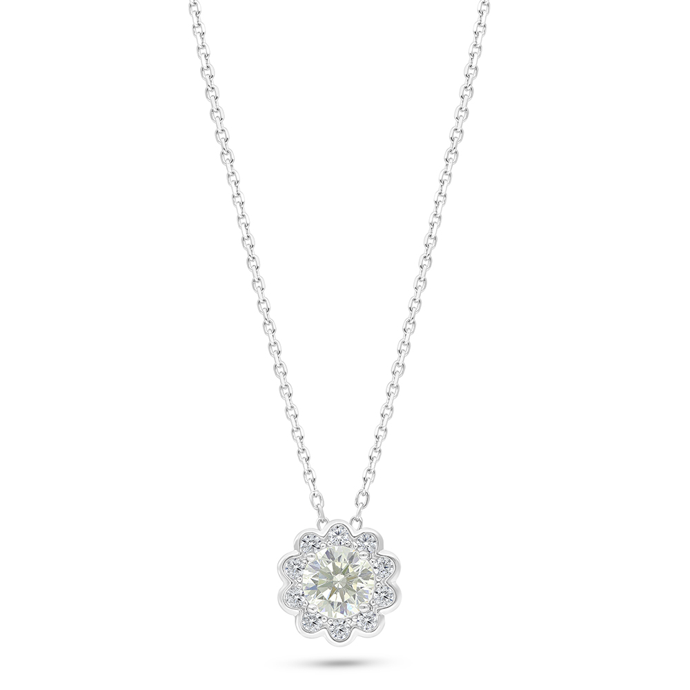Sterling Silver 925 Necklace Rhodium Plated Embedded With Yellow Diamond And White Zircon