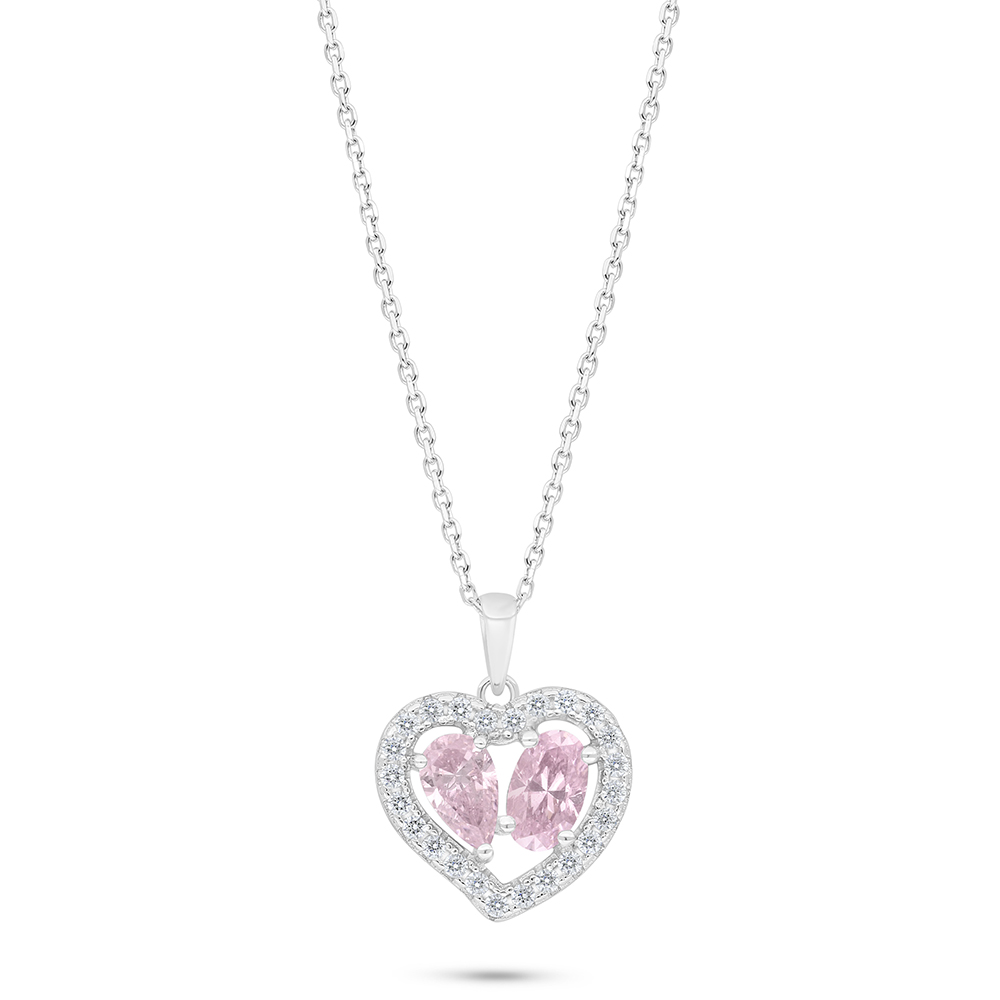 Sterling Silver 925 Necklace Rhodium Plated Embedded With Pink Zircon And White Zircon
