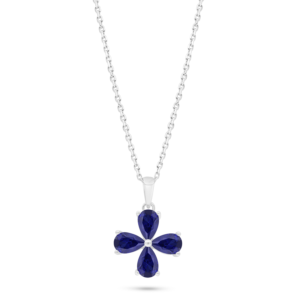 Sterling Silver 925 Necklace Rhodium Plated Embedded With Sapphire Corundum 