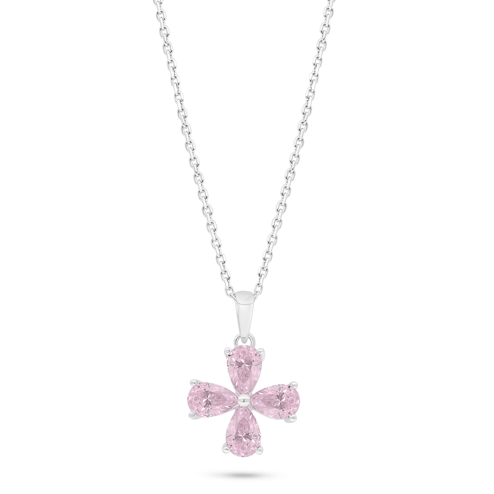 Sterling Silver 925 Necklace Rhodium Plated Embedded With Pink Zircon 