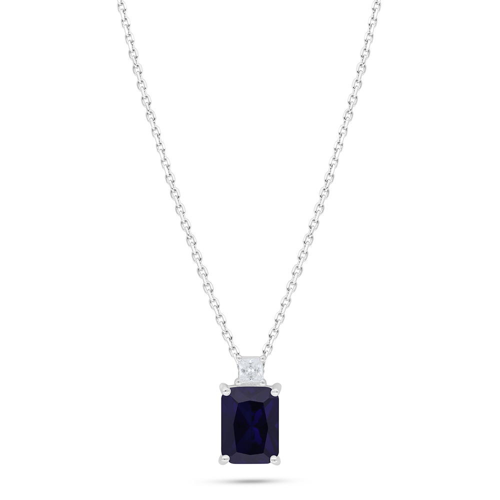 Sterling Silver 925 Necklace Rhodium Plated Embedded With Sapphire Corundum And White Zircon
