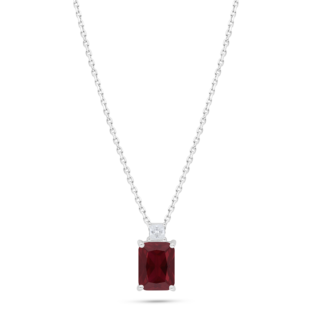 Sterling Silver 925 Necklace Rhodium Plated Embedded With Ruby Corundum And White Zircon