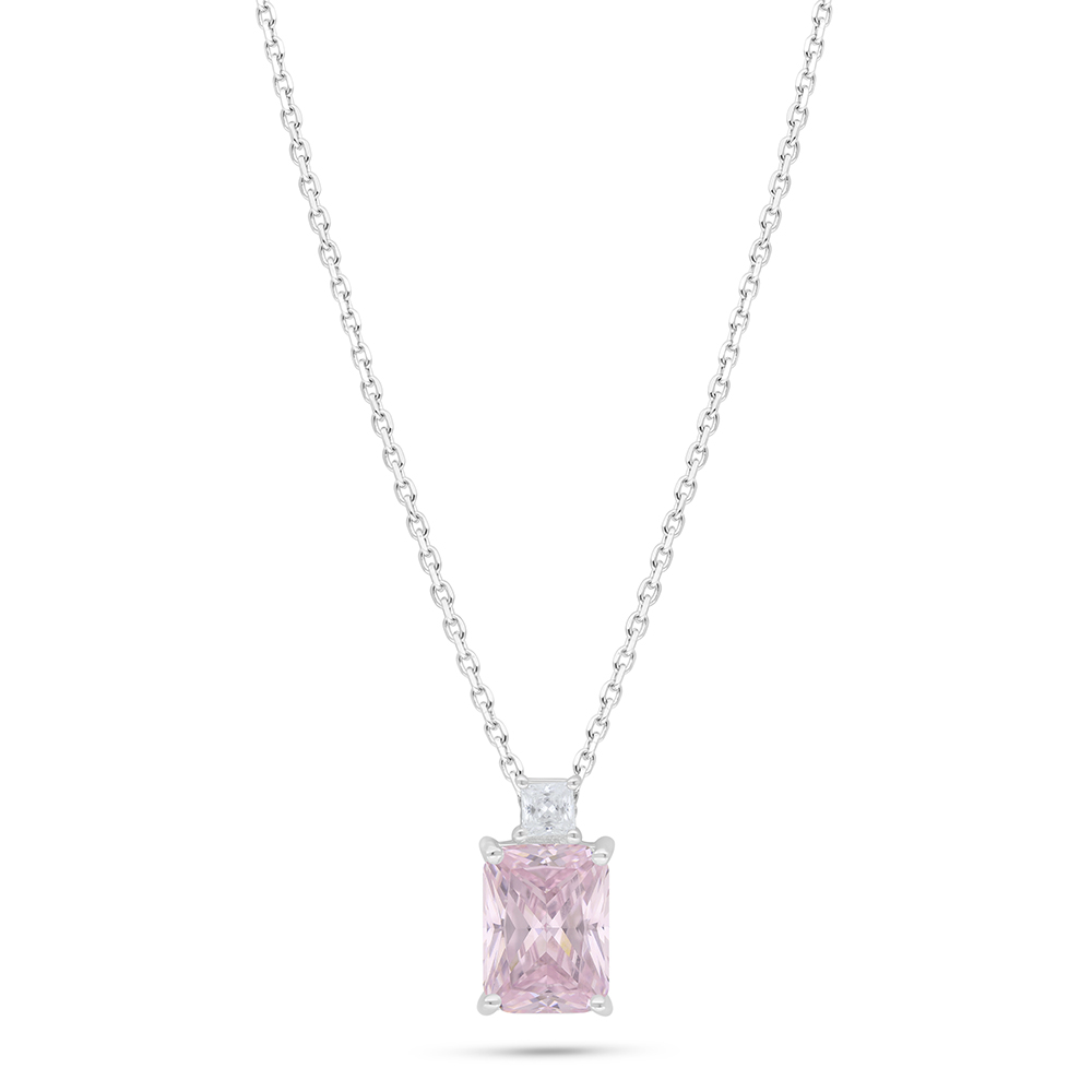 Sterling Silver 925 Necklace Rhodium Plated Embedded With Pink Zircon And White Zircon