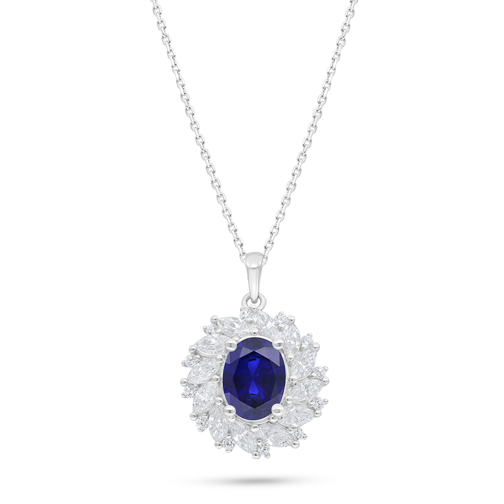Sterling Silver 925 Necklace Rhodium Plated Embedded With Sapphire Corundum And White Zircon