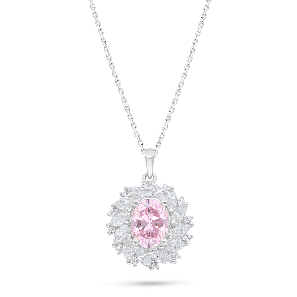 Sterling Silver 925 Necklace Rhodium Plated Embedded With Pink Zircon And White Zircon