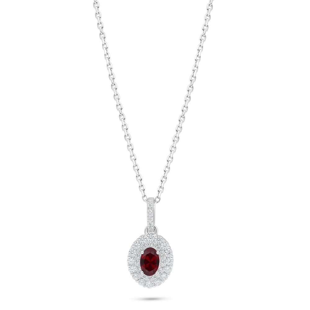 Sterling Silver 925 Necklace Rhodium Plated Embedded With Ruby Corundum And White Zircon