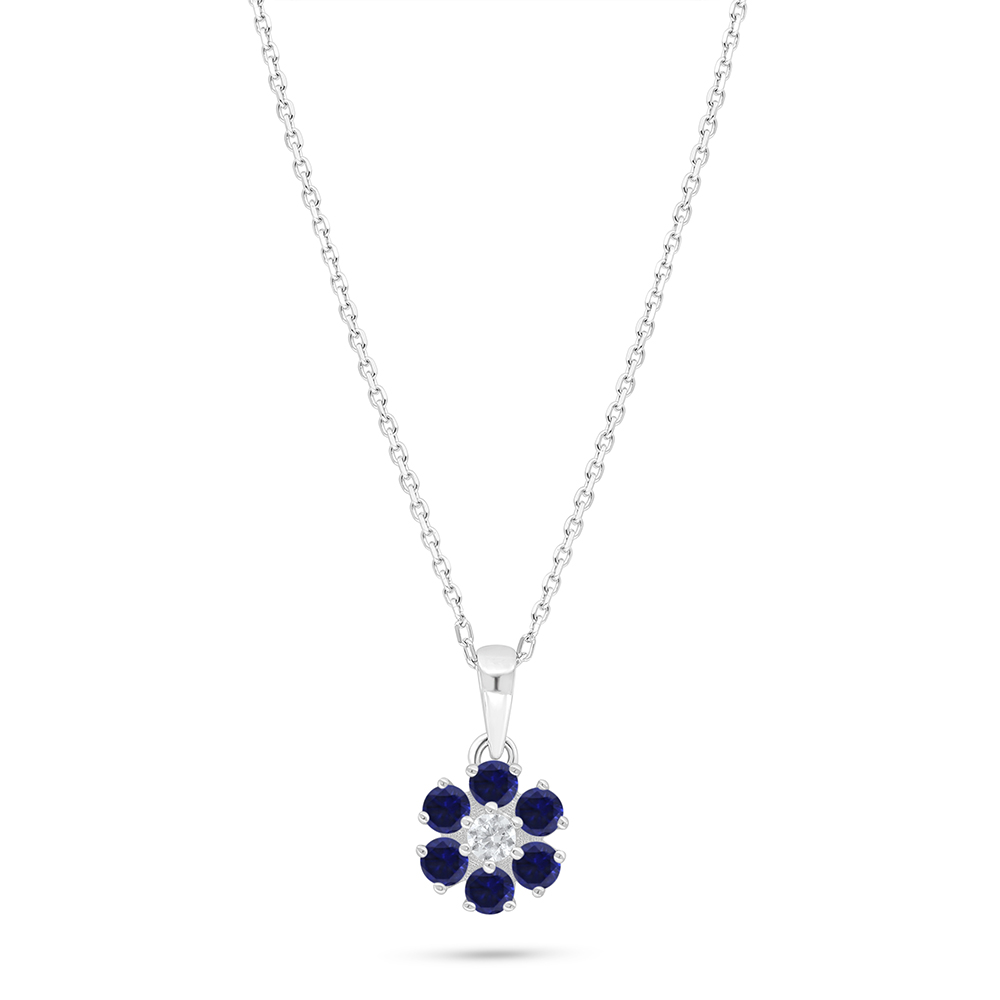 Sterling Silver 925 Necklace Rhodium Plated Embedded With Sapphire Corundum 