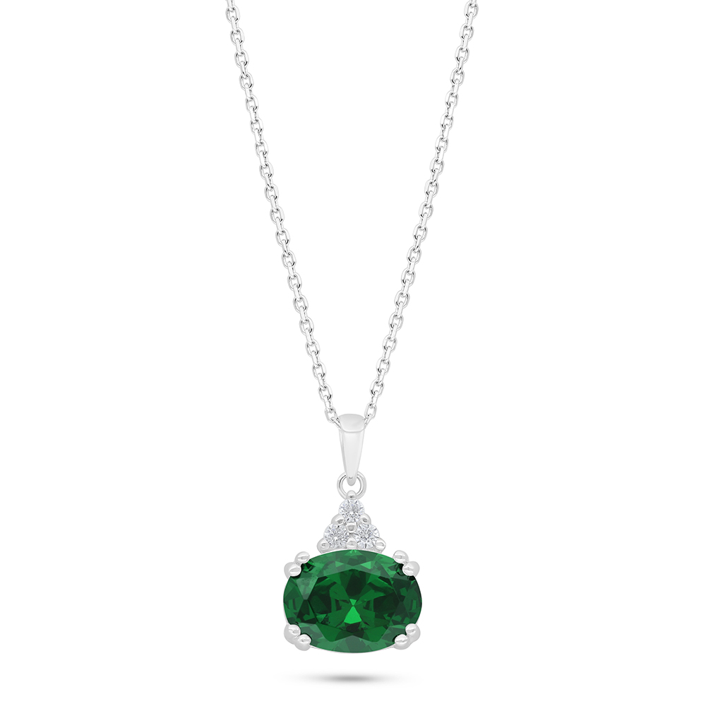 Sterling Silver 925 Necklace Rhodium Plated Embedded With Emerald Zircon And White Zircon