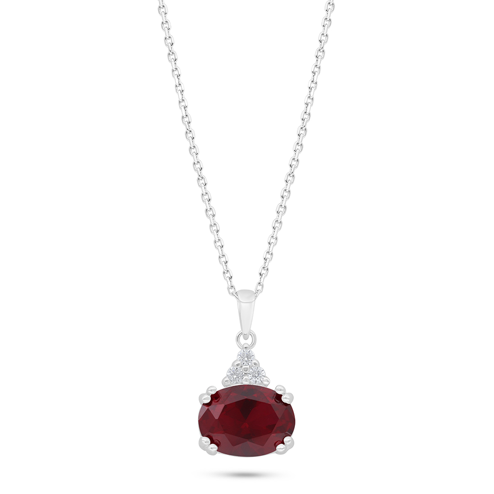 Sterling Silver 925 Necklace Rhodium Plated Embedded With Ruby Corundum And White Zircon