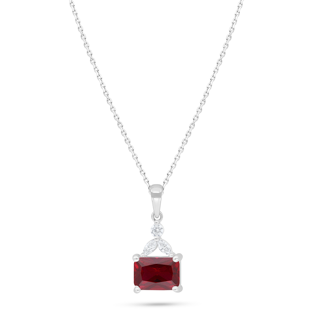 Sterling Silver 925 Necklace Rhodium Plated Embedded With Ruby Corundum And White Zircon