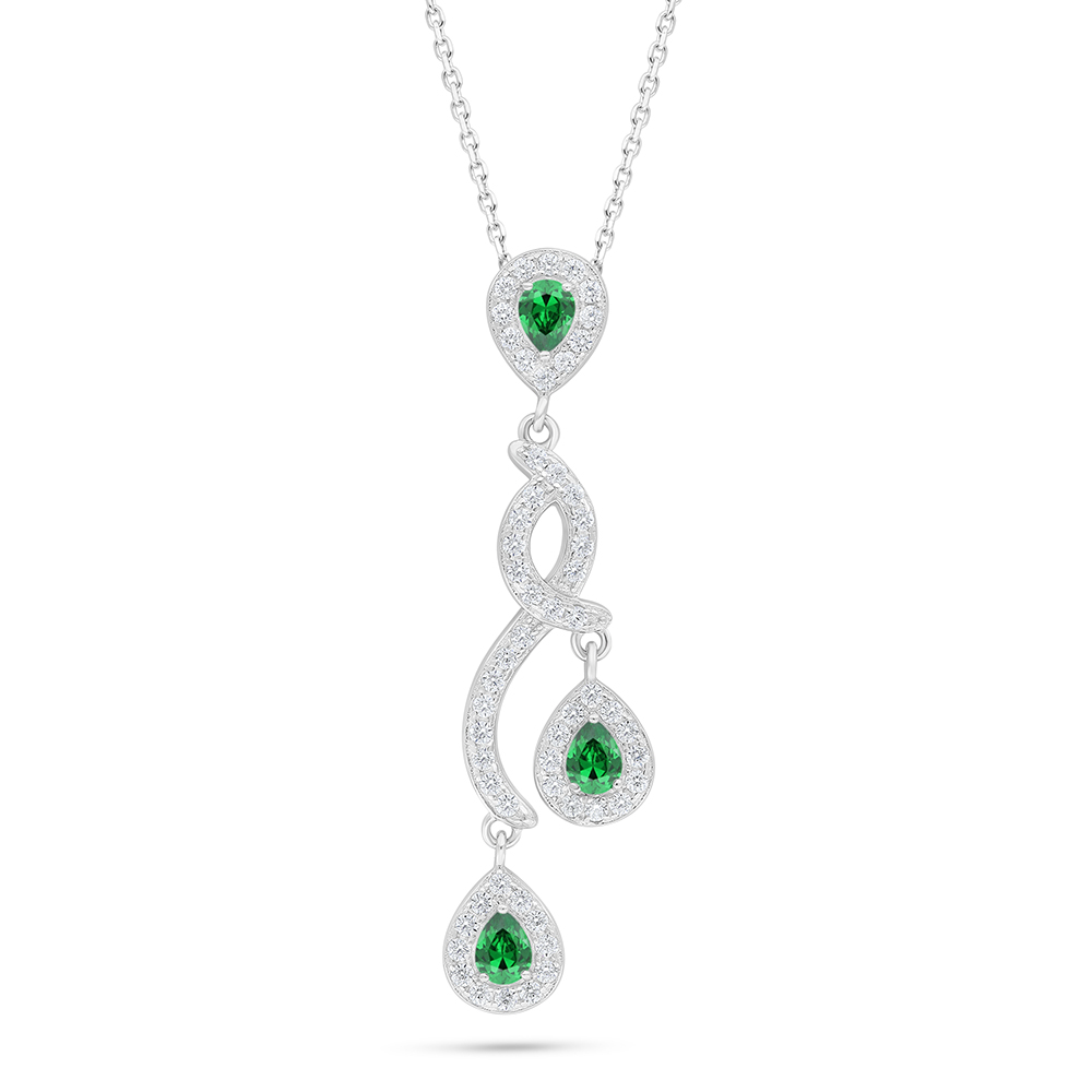 Sterling Silver 925 Necklace Rhodium Plated Embedded With Emerald Zircon And White Zircon