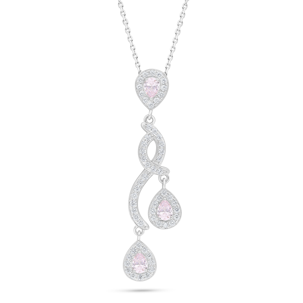 Sterling Silver 925 Necklace Rhodium Plated Embedded With Pink Zircon And White Zircon