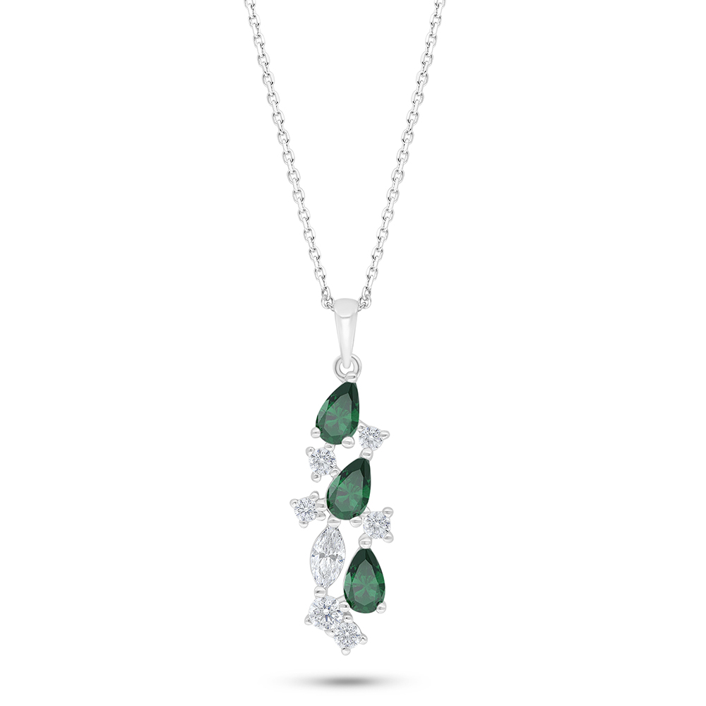 Sterling Silver 925 Necklace Rhodium Plated Embedded With Emerald Zircon And White Zircon