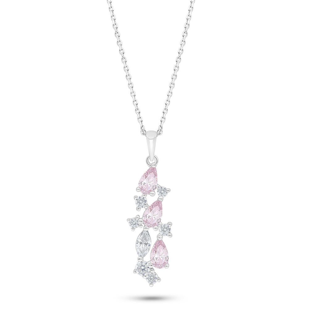 Sterling Silver 925 Necklace Rhodium Plated Embedded With Pink Zircon And White Zircon