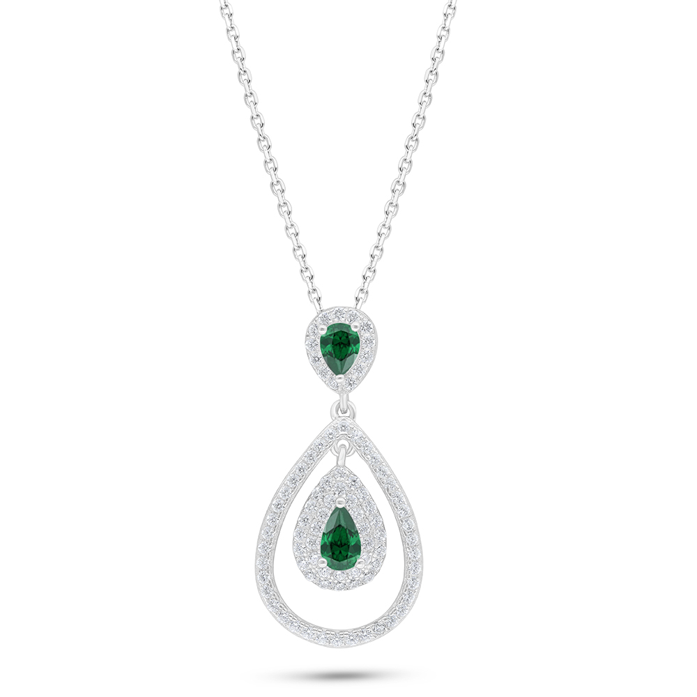 Sterling Silver 925 Necklace Rhodium Plated Embedded With Emerald Zircon And White Zircon