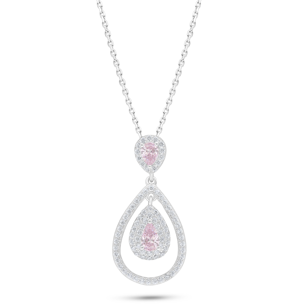 Sterling Silver 925 Necklace Rhodium Plated Embedded With Pink Zircon And White Zircon