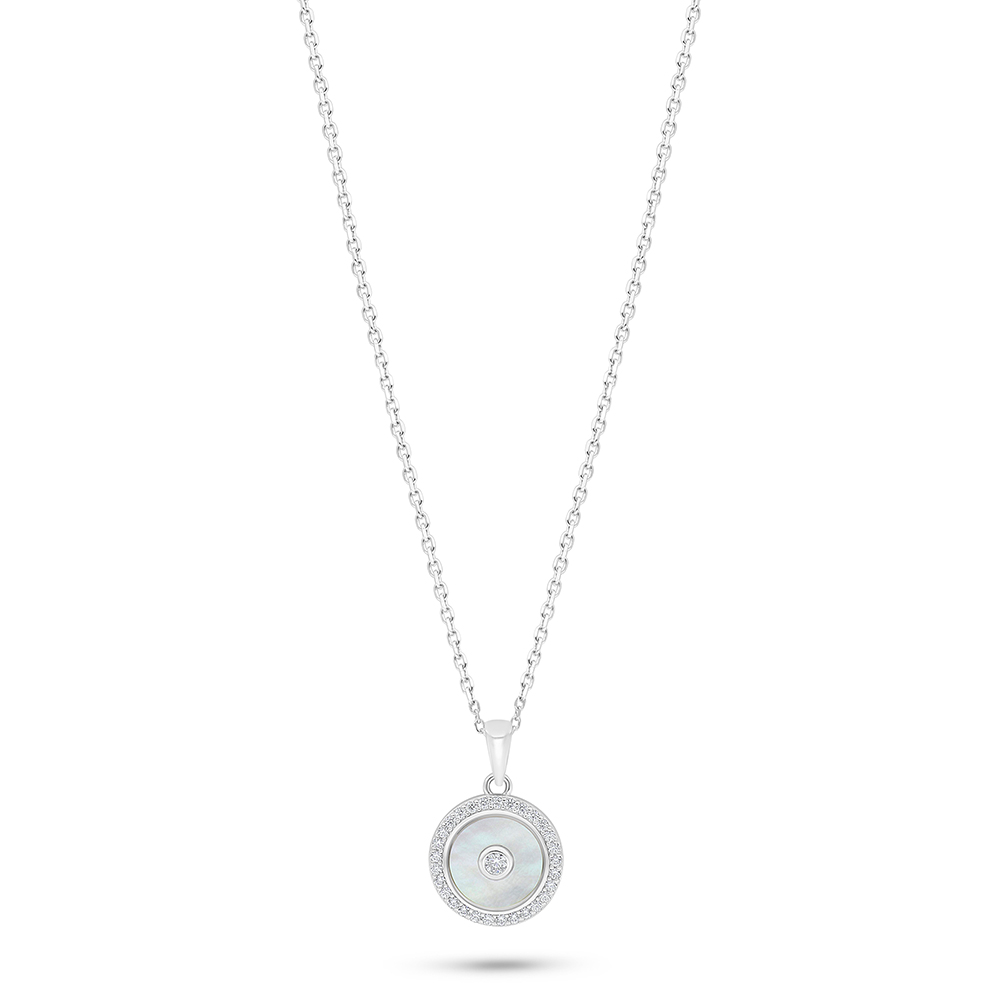 Sterling Silver 925 Necklace Rhodium Plated Embedded With White Shell And White Zircon