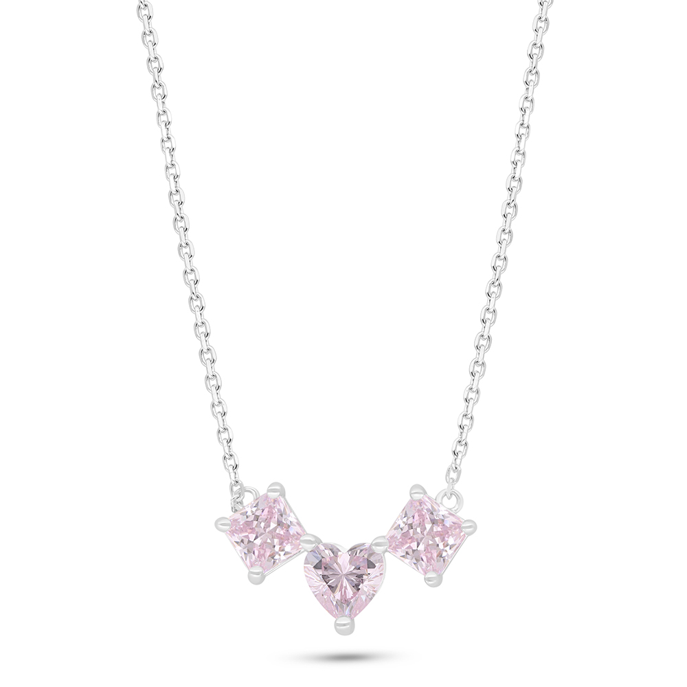 Sterling Silver 925 Necklace Rhodium Plated Embedded With Pink Zircon 