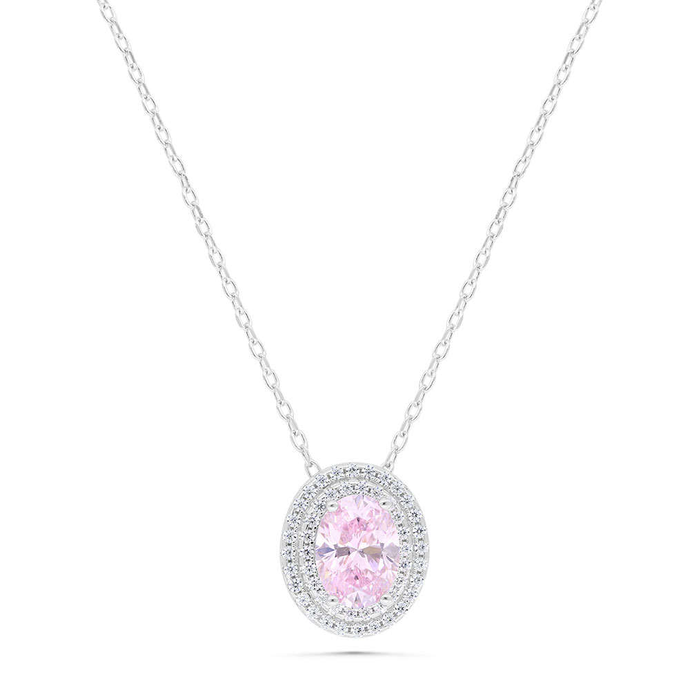 Sterling Silver 925 Necklace Rhodium Plated Embedded With Pink Zircon And White Zircon