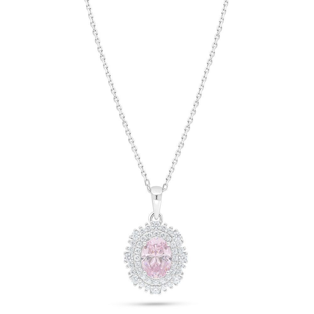 Sterling Silver 925 Necklace Rhodium Plated Embedded With Pink Zircon And White Zircon