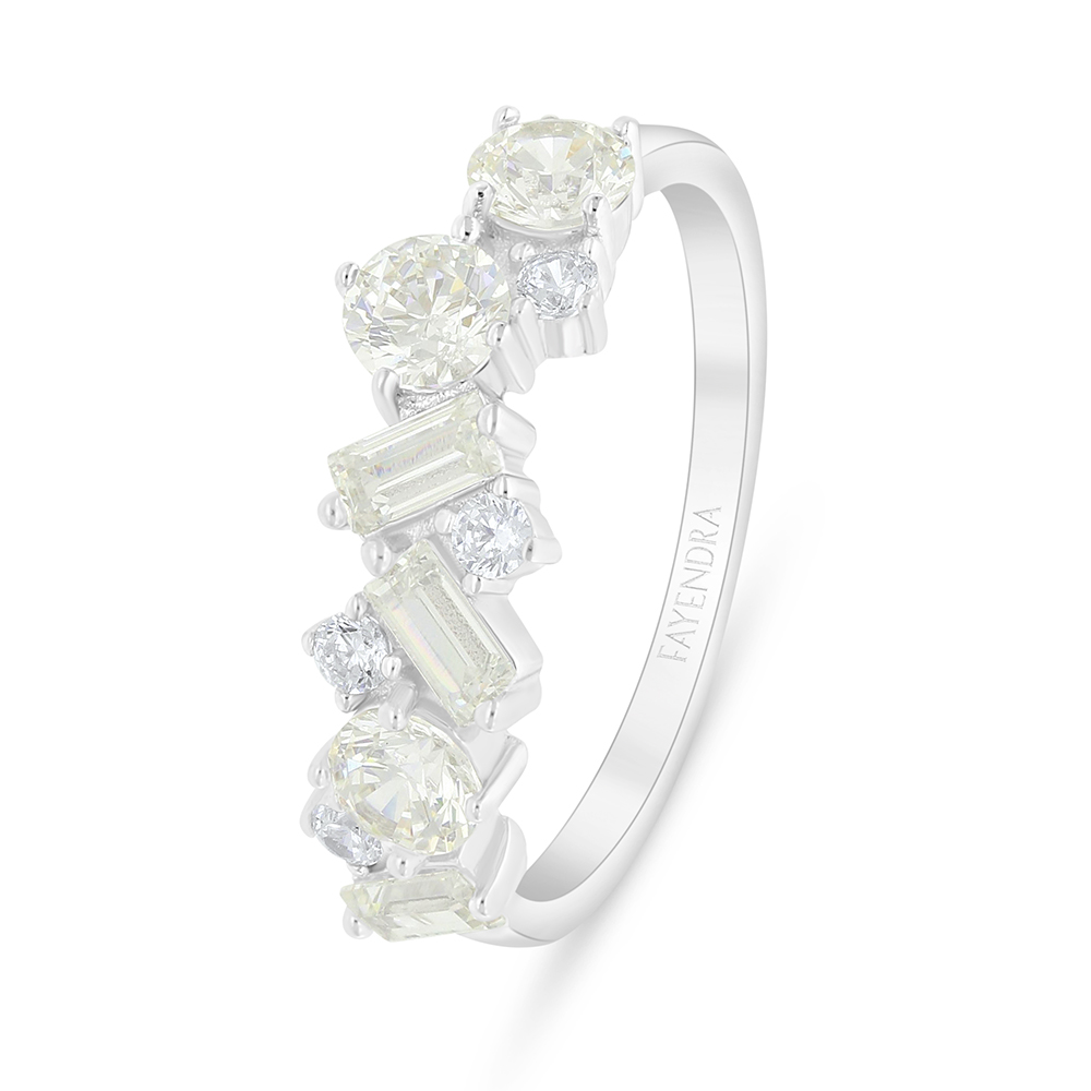 Sterling Silver 925 Ring Rhodium Plated Embedded With Yellow Diamond And White Zircon
