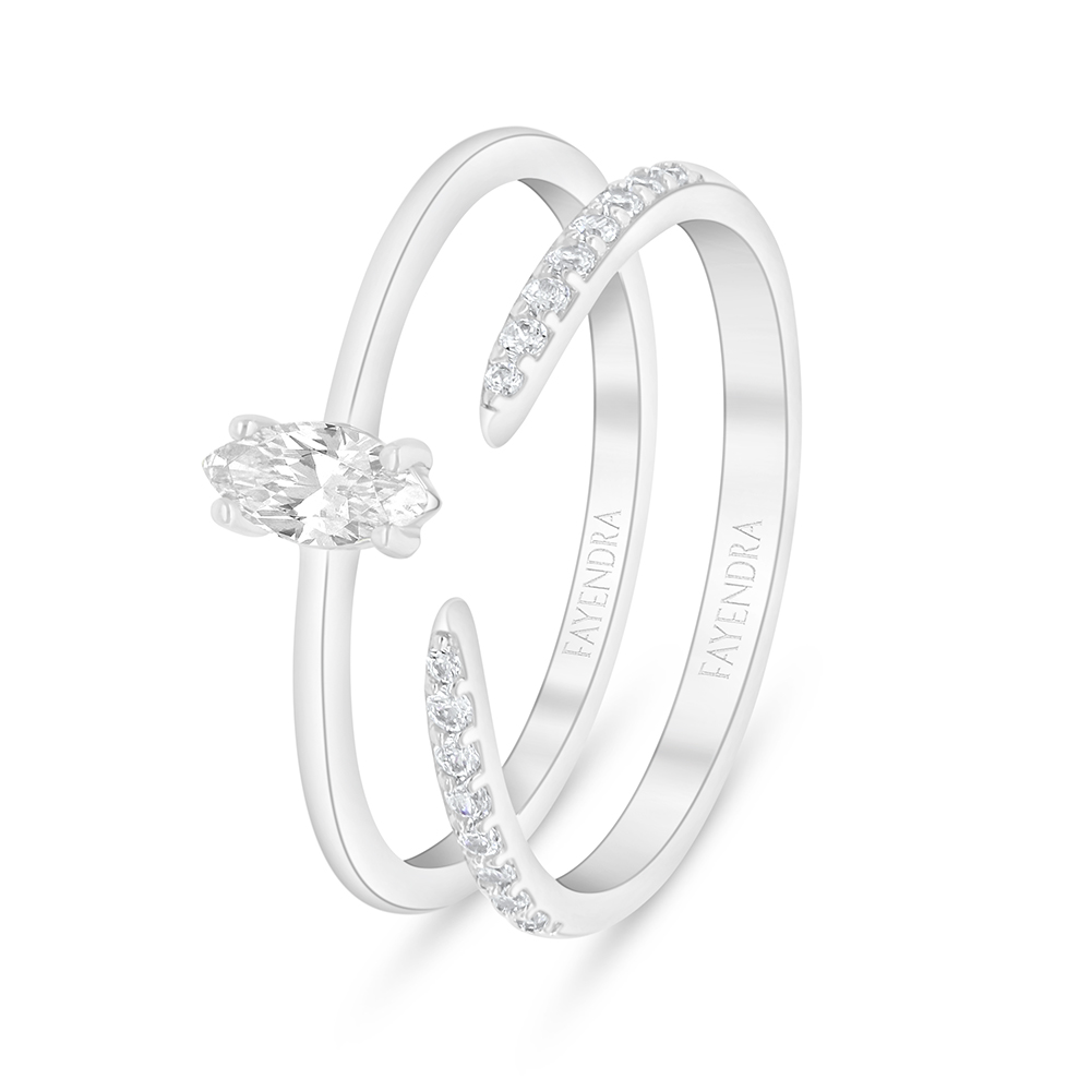 Sterling Silver 925 Ring (Twins) Rhodium Plated Embedded With White Zircon