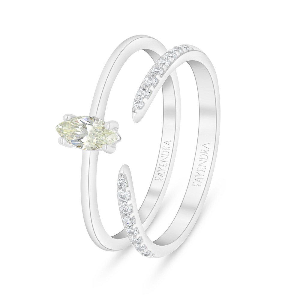 Sterling Silver 925 Ring (Twins) Rhodium Plated  Embedded With Yellow Diamond 