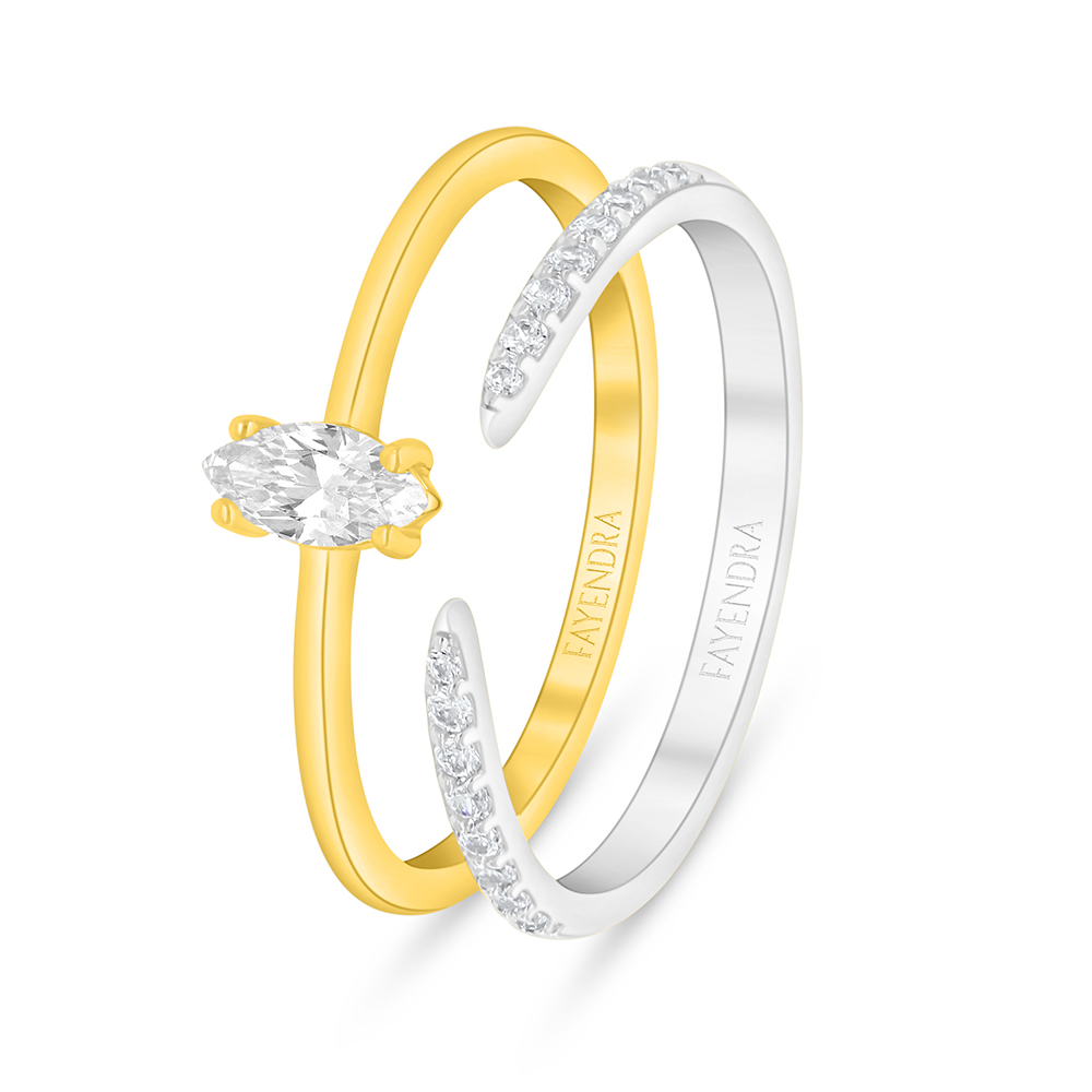 Sterling Silver 925 Ring (Twins) Rhodium And Golden Plated Embedded With White Zircon