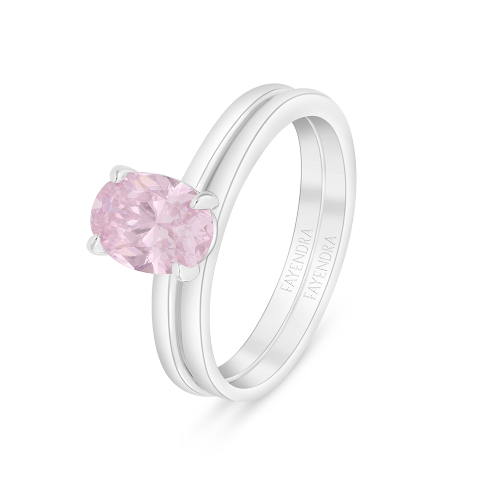 Sterling Silver 925 Ring (Twins) Rhodium Plated Embedded With Pink Zircon 