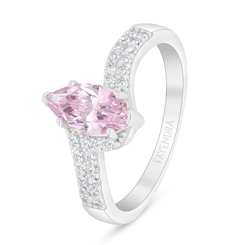 Sterling Silver 925 Ring Rhodium Plated Embedded With Pink Zircon And White Zircon