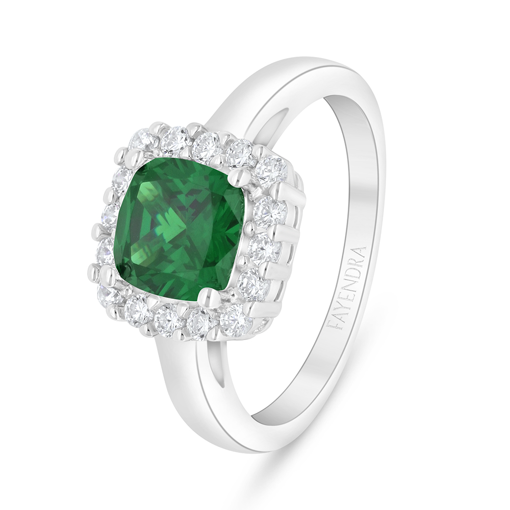 Sterling Silver 925 Ring Rhodium Plated Embedded With Emerald Zircon And White Zircon