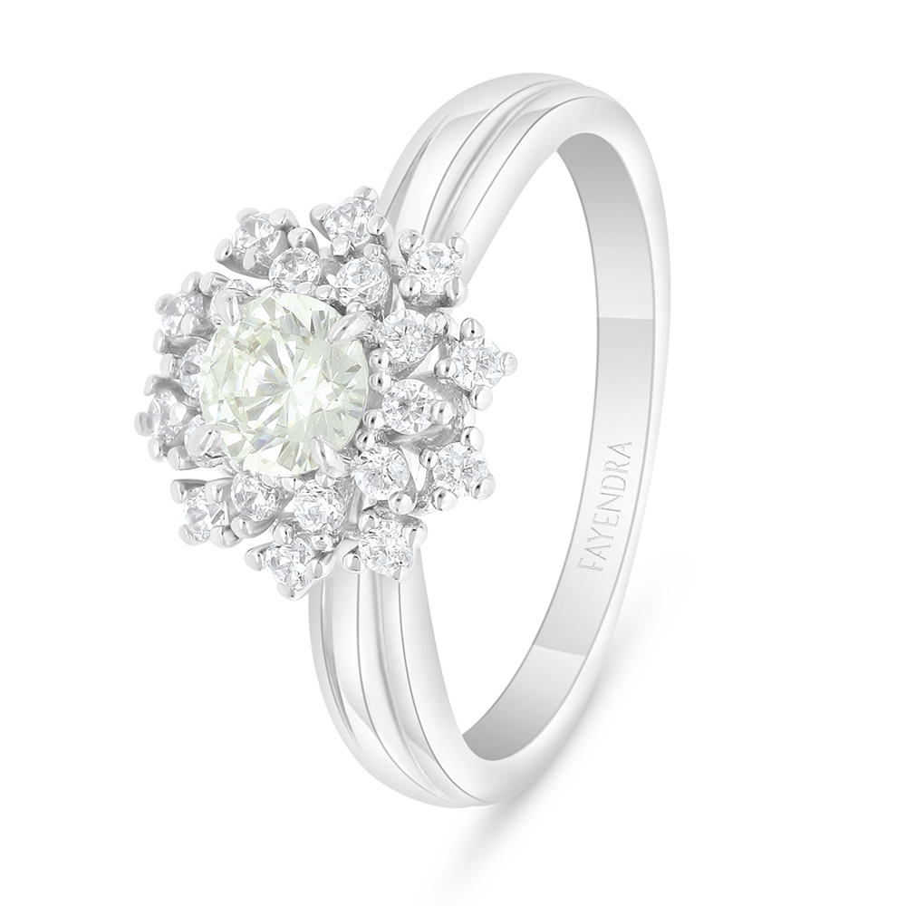 Sterling Silver 925 Ring Rhodium Plated  Embedded With Yellow Diamond And White Zircon