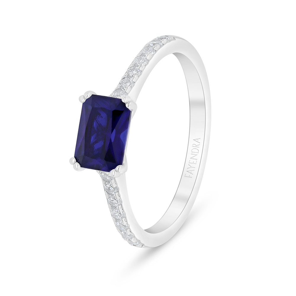 Sterling Silver 925 Ring Rhodium Plated Embedded With Sapphire Corundum And White Zircon