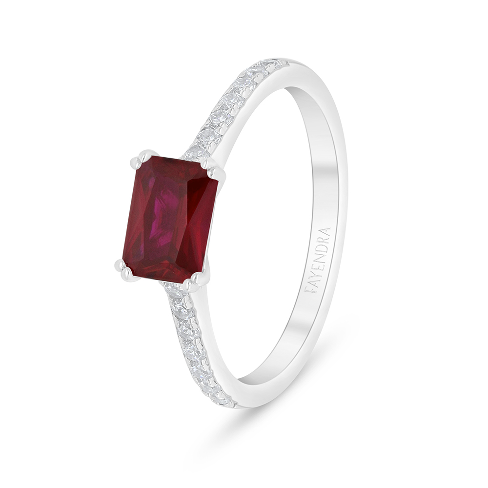 Sterling Silver 925 Ring Rhodium Plated Embedded With Ruby Corundum And White Zircon
