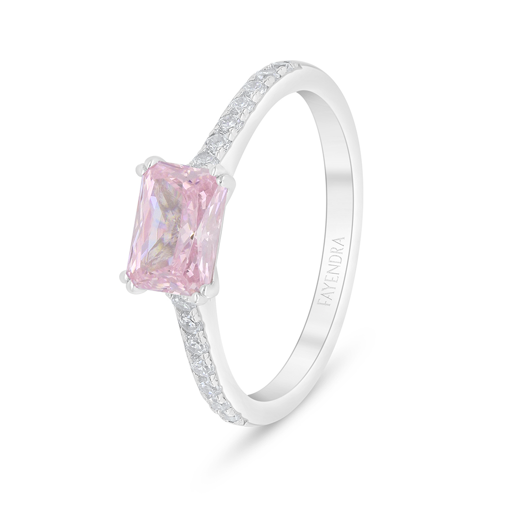 Sterling Silver 925 Ring Rhodium Plated Embedded With Pink Zircon And White Zircon