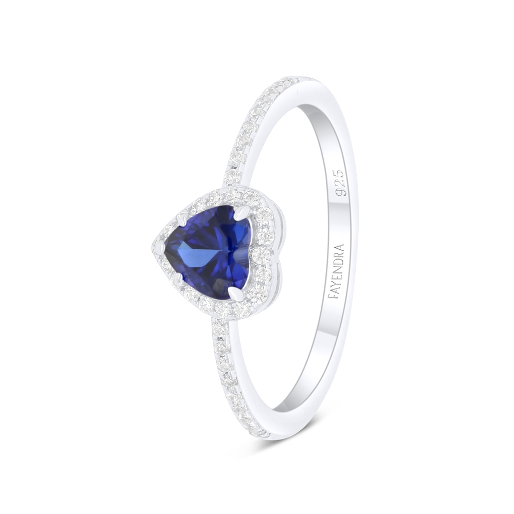 Sterling Silver 925 Ring Rhodium Plated Embedded With Sapphire Corundum And White Zircon