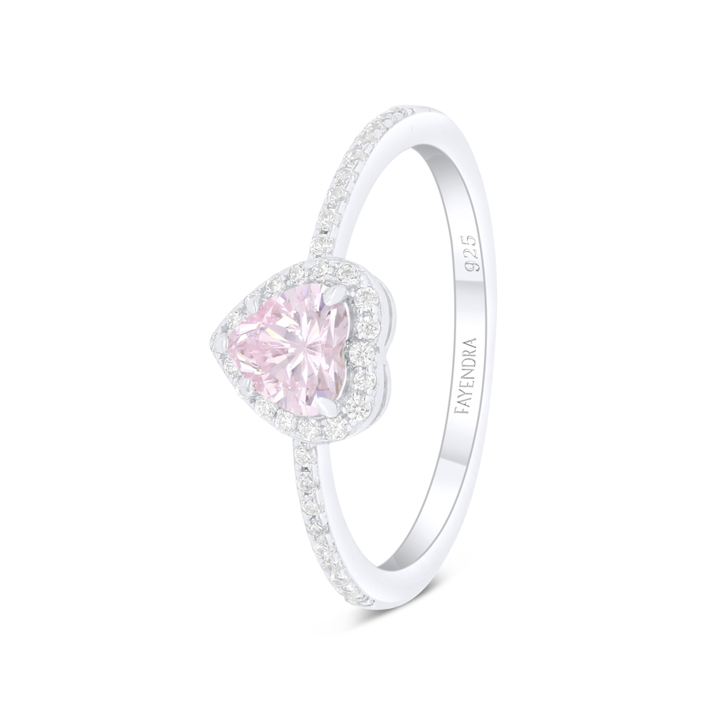 Sterling Silver 925 Ring Rhodium Plated Embedded With Pink Zircon And White Zircon