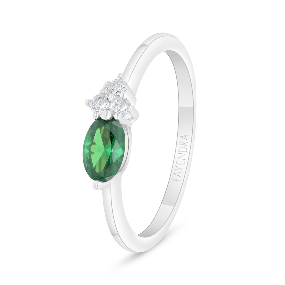 Sterling Silver 925 Ring Rhodium Plated Embedded With Emerald Zircon And White Zircon