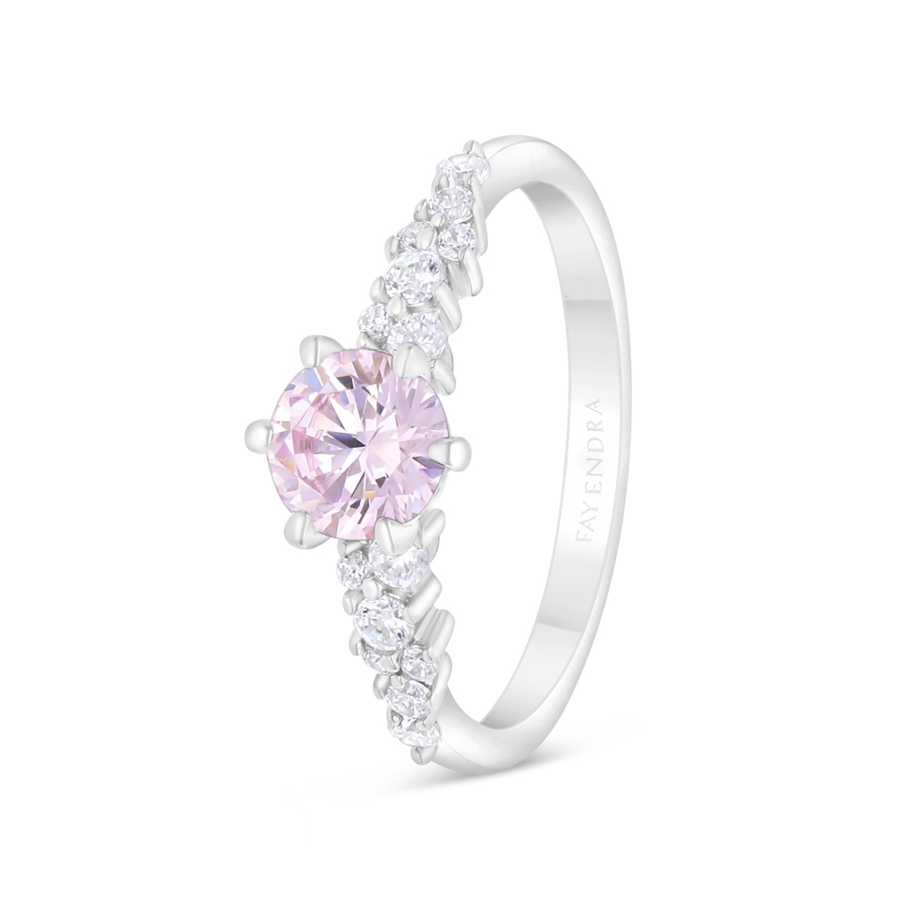 Sterling Silver 925 Ring Rhodium Plated Embedded With Pink Zircon And White Zircon