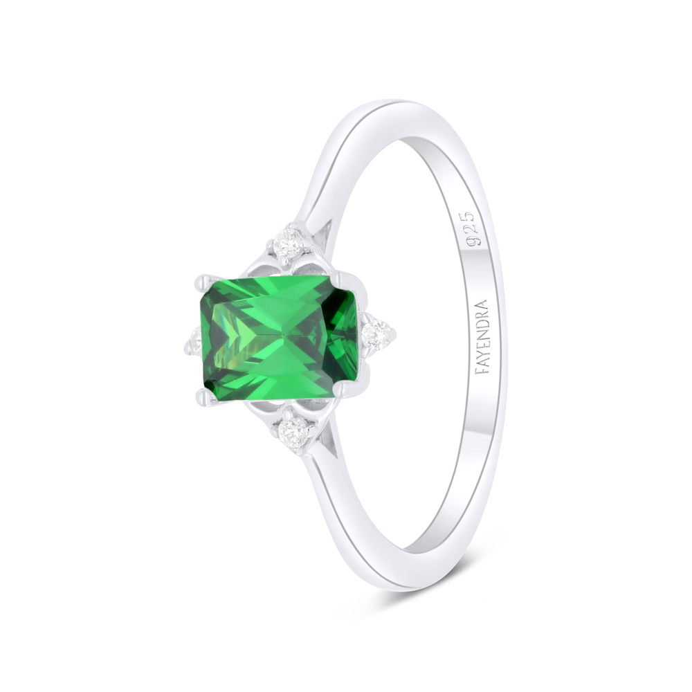 Sterling Silver 925 Ring Rhodium Plated Embedded With Emerald Zircon And White Zircon